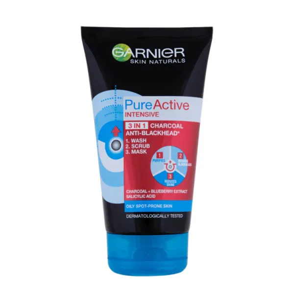 Garnier Pure Active 3 In 1 Charcoal Blackhead Face Wash Mask Scrub - 50ml